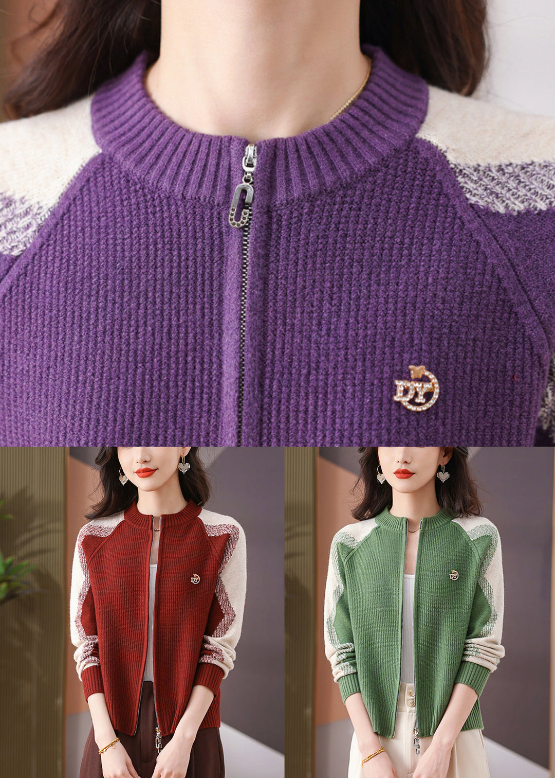 Art Purple Zip Up Cozy Patchwork Knit Coat Winter