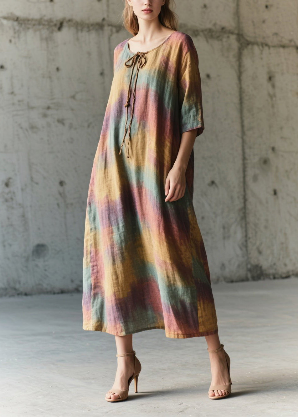 Art Rainbow Oversized Tie Dye Cotton Vacation Dresses Half Sleeve