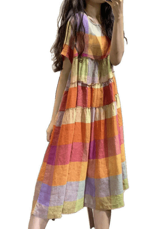 Art Rainbow Ruffled Plaid Linen Dress Summer
