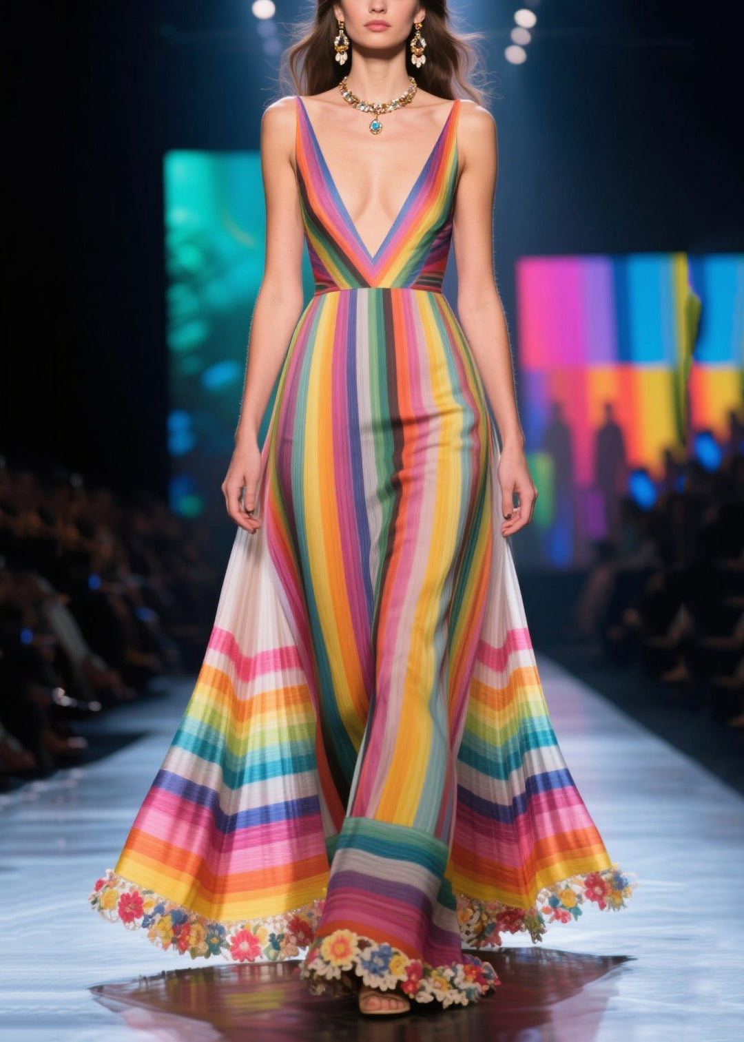 Art Rainbow V Neck Patchwork Flower Chiffon Party Dress Summer