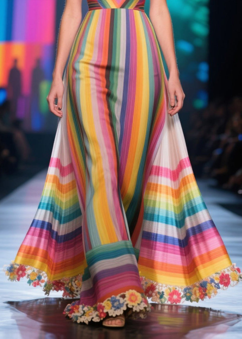 Art Rainbow V Neck Patchwork Flower Chiffon Party Dress Summer