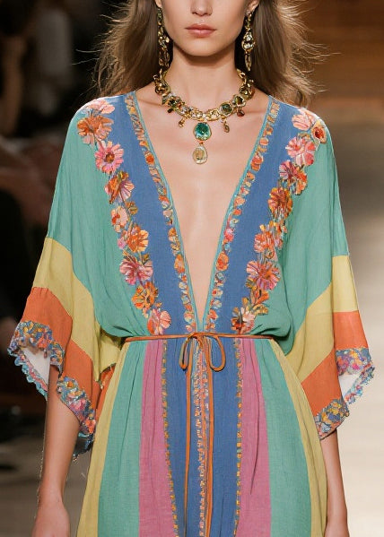 Art Rainbow V Neck Striped Cotton Maxi Dresses Summer