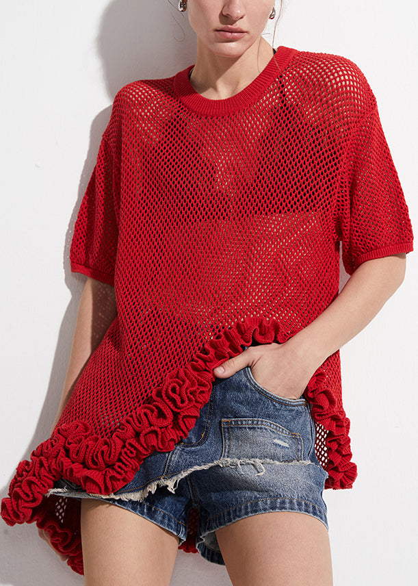Art Red Asymmetrical Hollow Out Knit T Shirt Summer