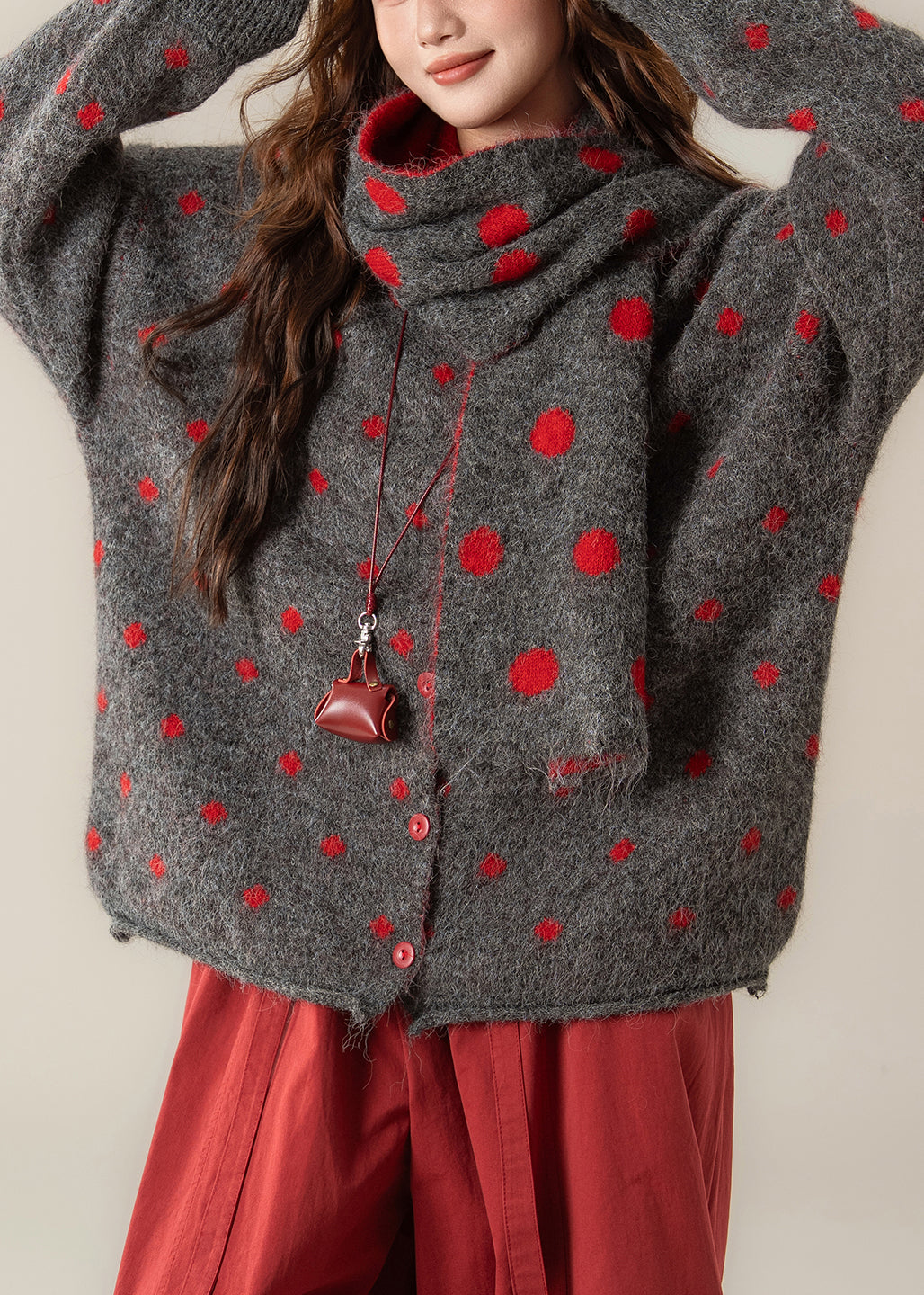 Art Red Button Dot Knit Coats Winter