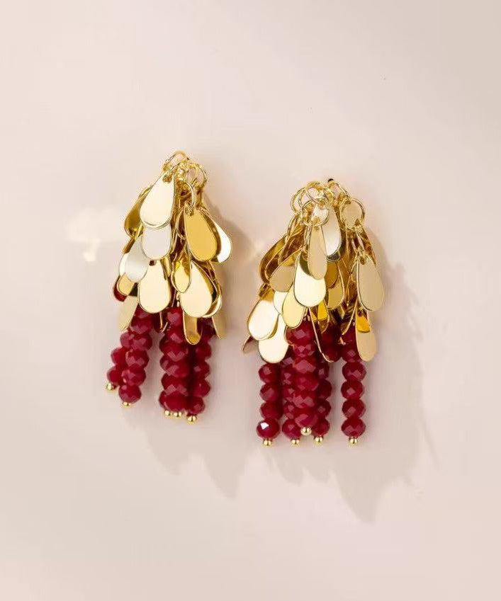 Art Red Copper Alloy Crystal Tassel Drop Earrings