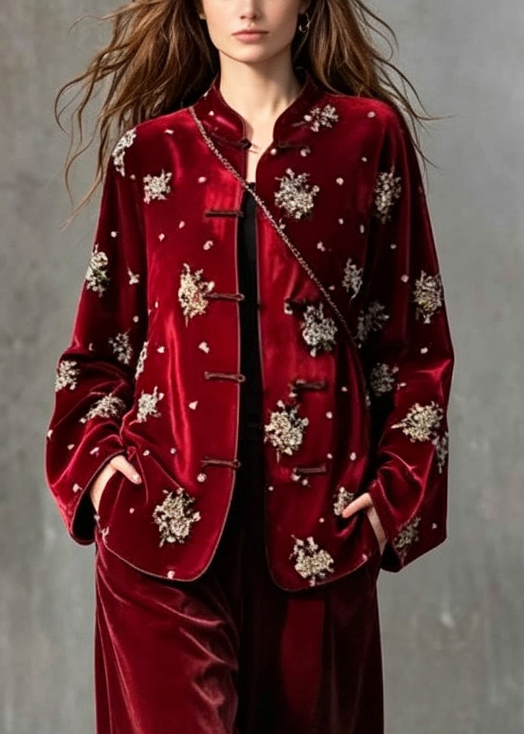Art Red Embroidered Nail Bead Silk Velvet Two Piece Set Fall