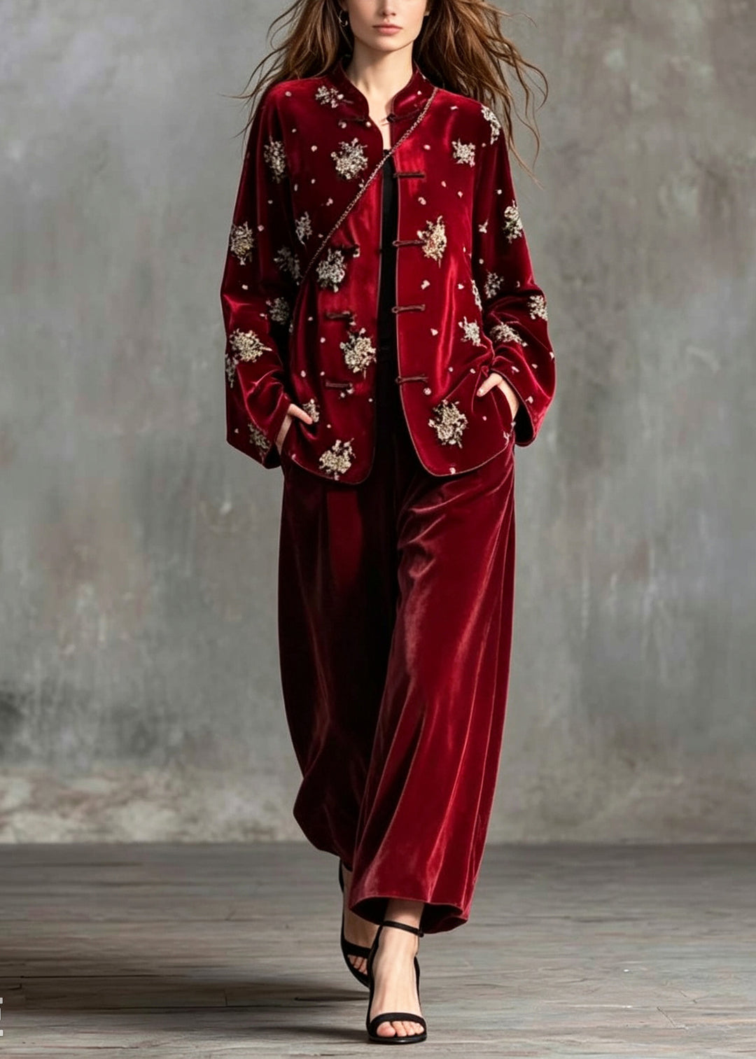 Art Red Embroidered Nail Bead Silk Velvet Two Piece Set Fall