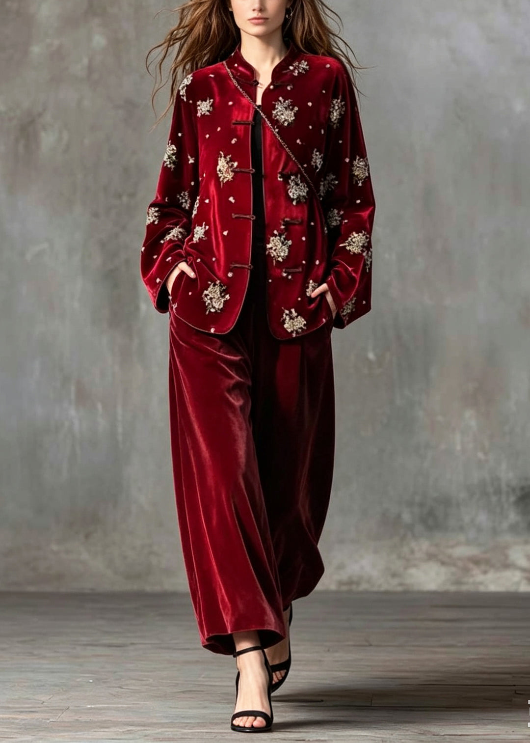 Art Red Embroidered Nail Bead Silk Velvet Two Piece Set Fall