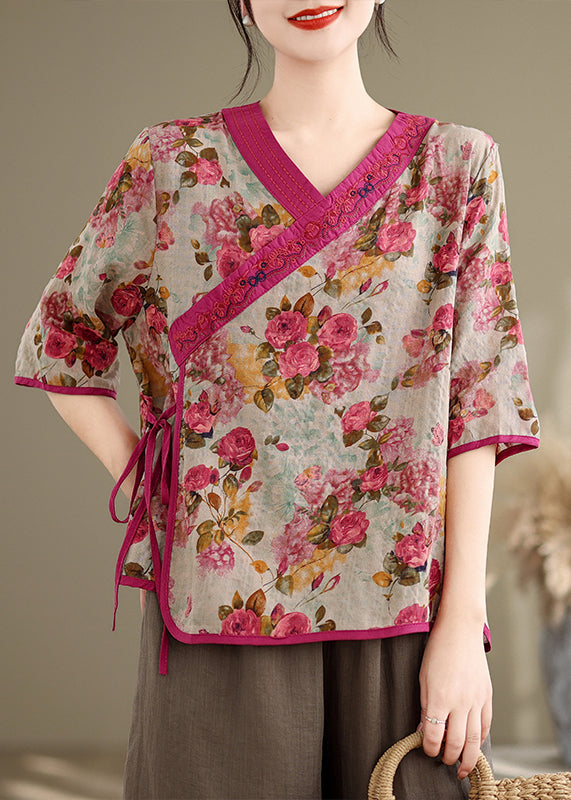 Art Red Embroidered Print Linen Top Half Sleeve