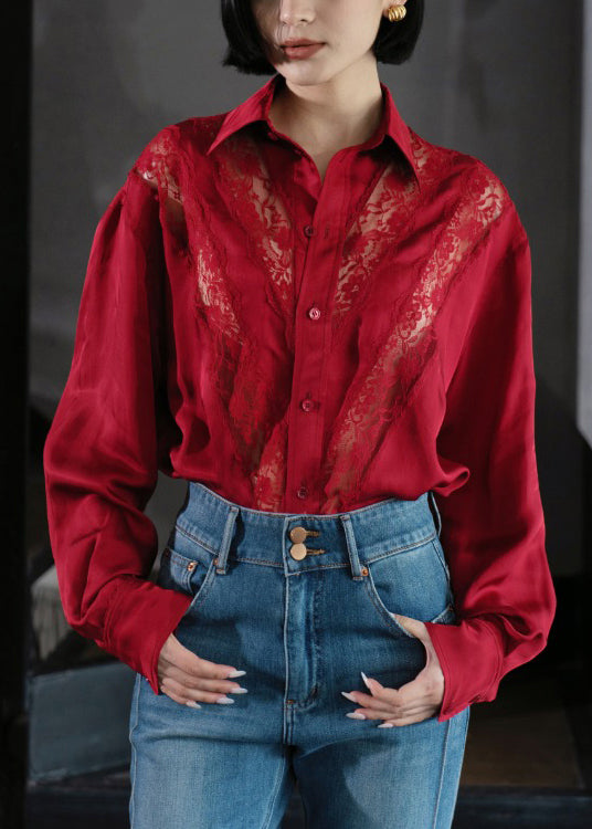 Art Red Hollow Out Lace Patchwork Cotton Blouse Top Fall