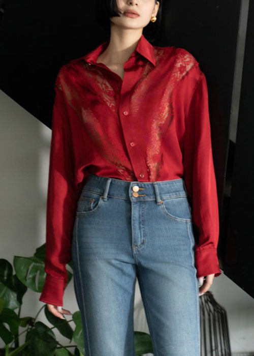 Art Red Hollow Out Lace Patchwork Cotton Blouse Top Fall