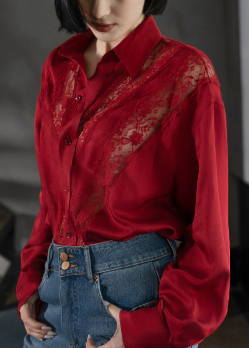 Art Red Hollow Out Lace Patchwork Cotton Blouse Top Fall