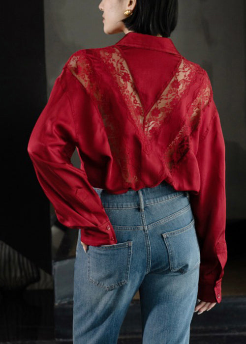 Art Red Hollow Out Lace Patchwork Cotton Blouse Top Fall