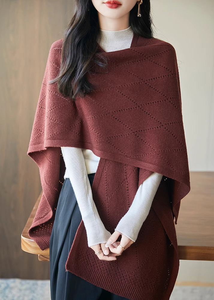 Art Red Hollow Out Solid Knit Shawl Sweater Fall