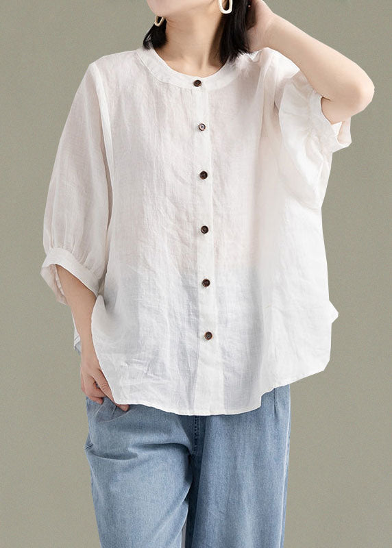 Art white flowers O-Neck Button Linen Loose Shirt Top Lantern Sleeve