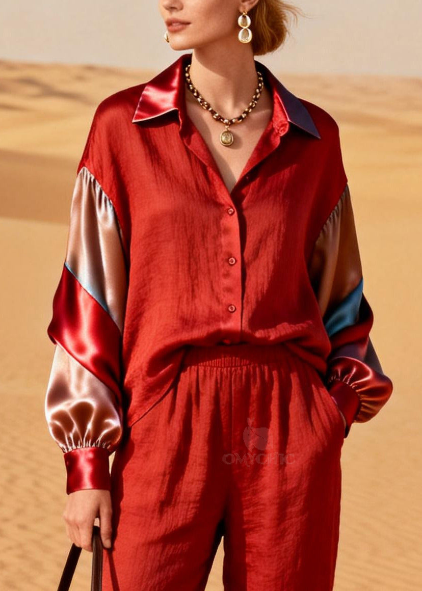 Art Red Peter Pan Collar Patchwork Cotton Two Pieces Set Spring