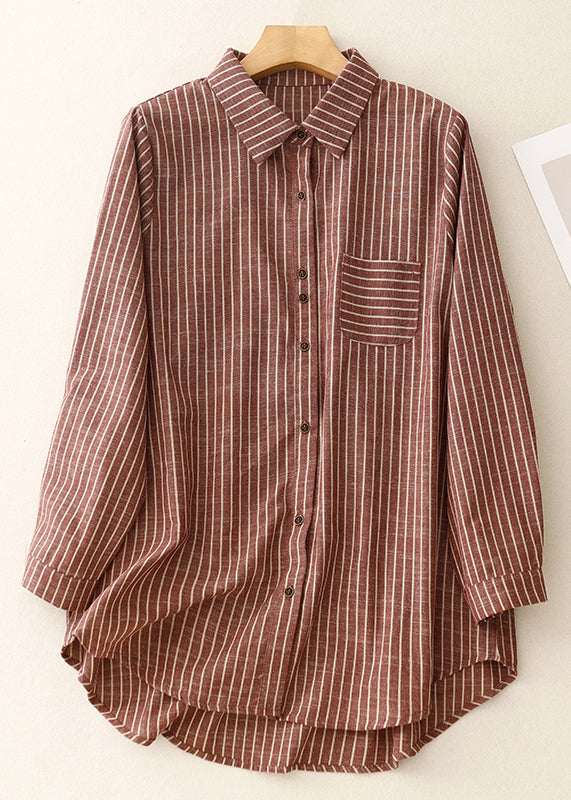 Art Red Peter Pan Collar Striped Cotton Blouses Spring
