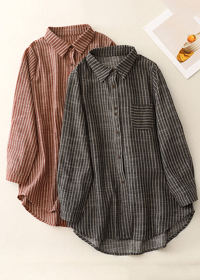 Art Red Peter Pan Collar Striped Cotton Blouses Spring