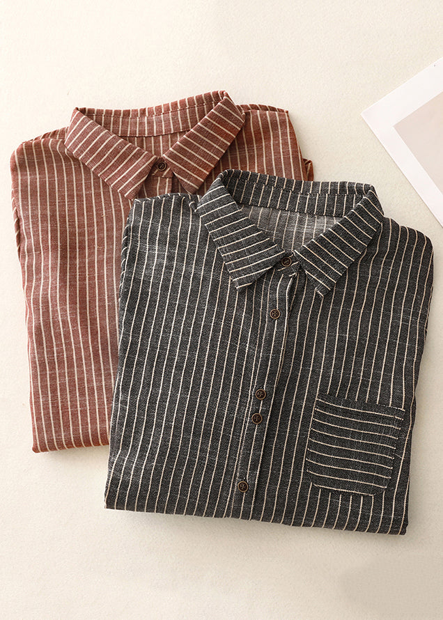 Art Red Peter Pan Collar Striped Cotton Blouses Spring