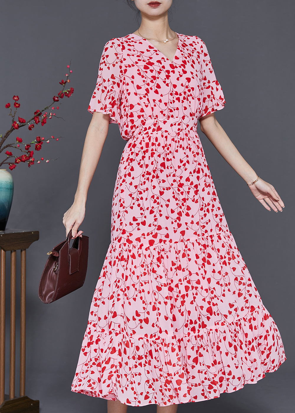 Art Red Print Exra Large Hem Chiffon Dresses Summer