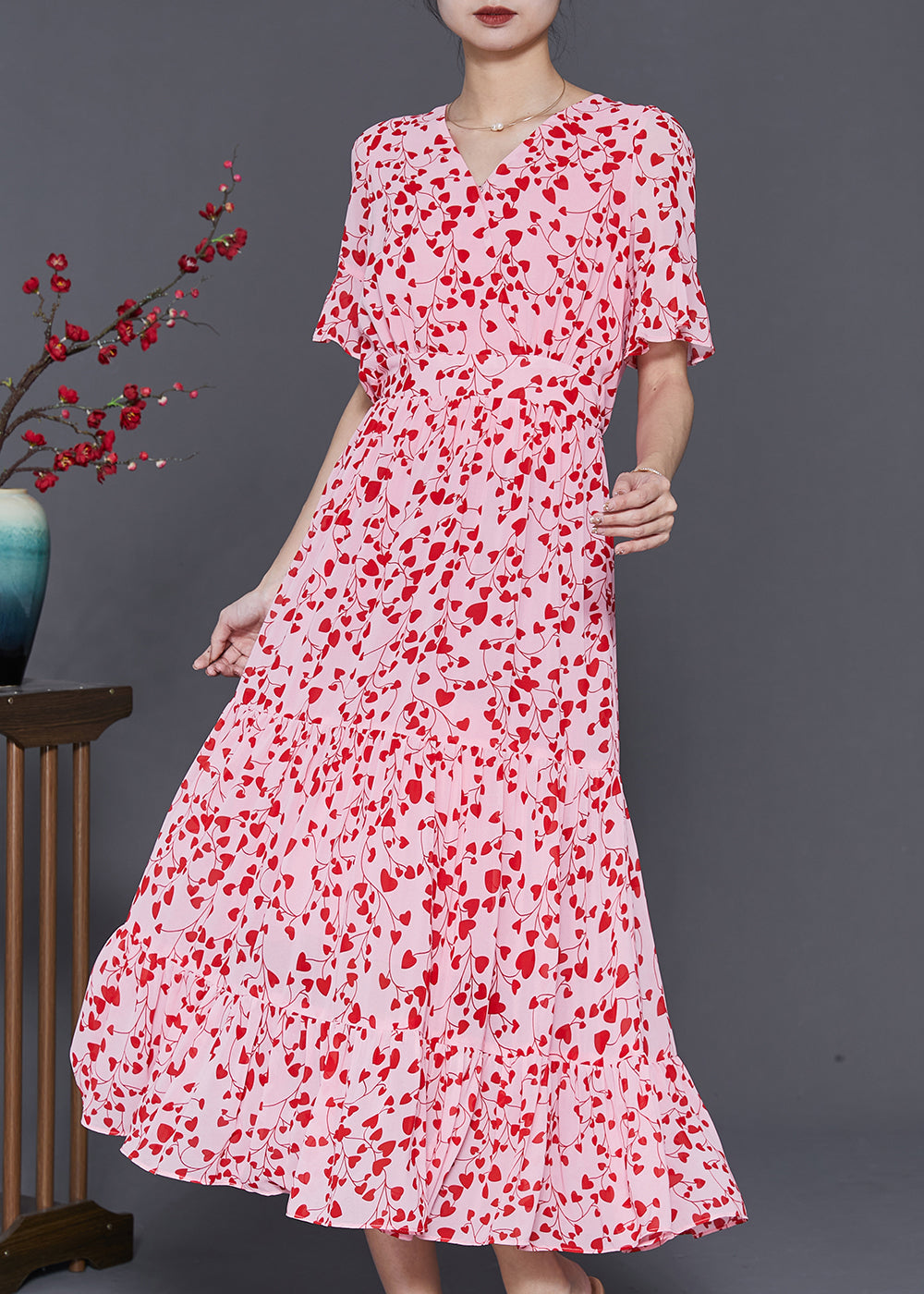 Art Red Print Exra Large Hem Chiffon Dresses Summer