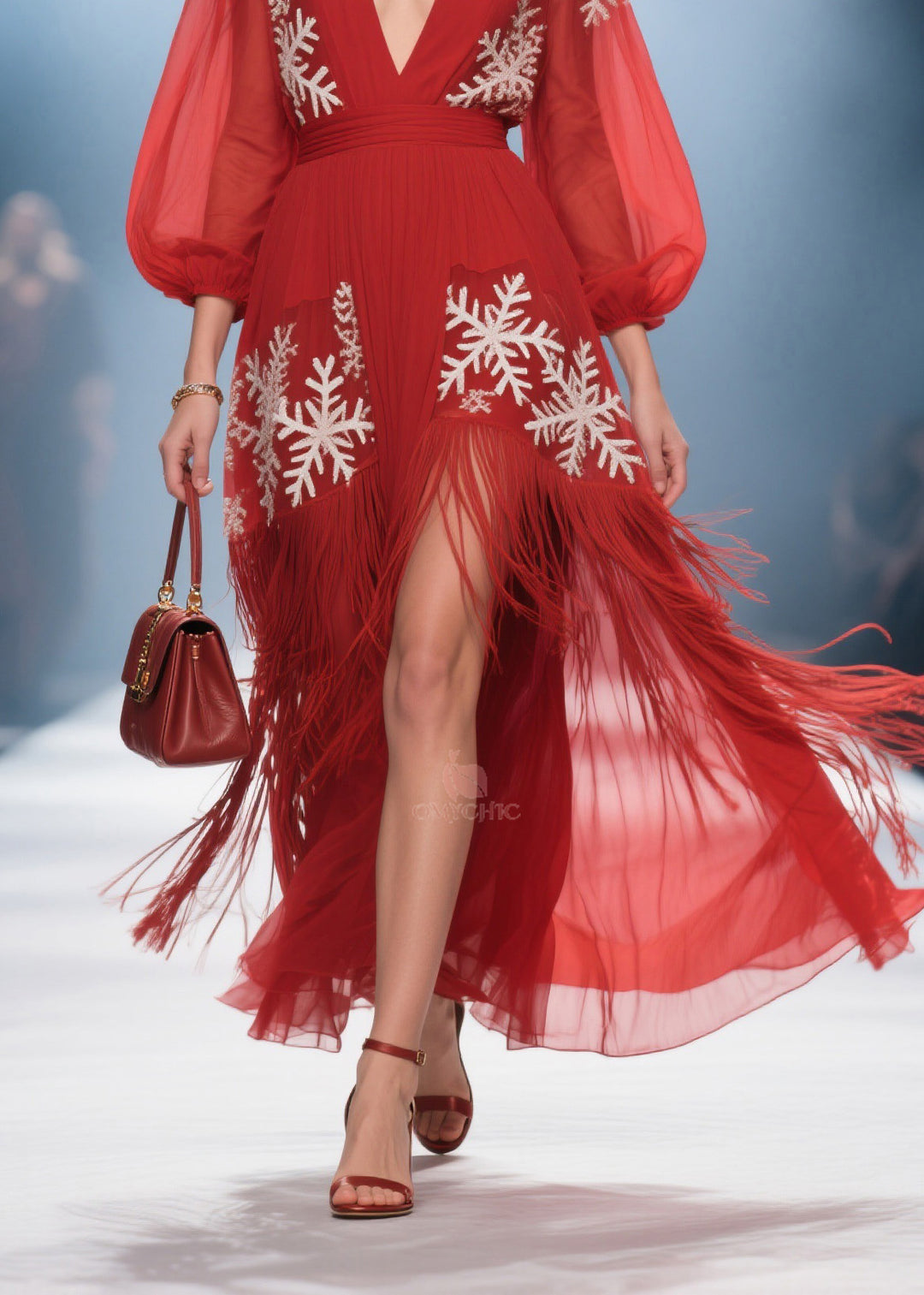 Art Red Print Tassel Patchwork Chiffon Holiday Dress Summer