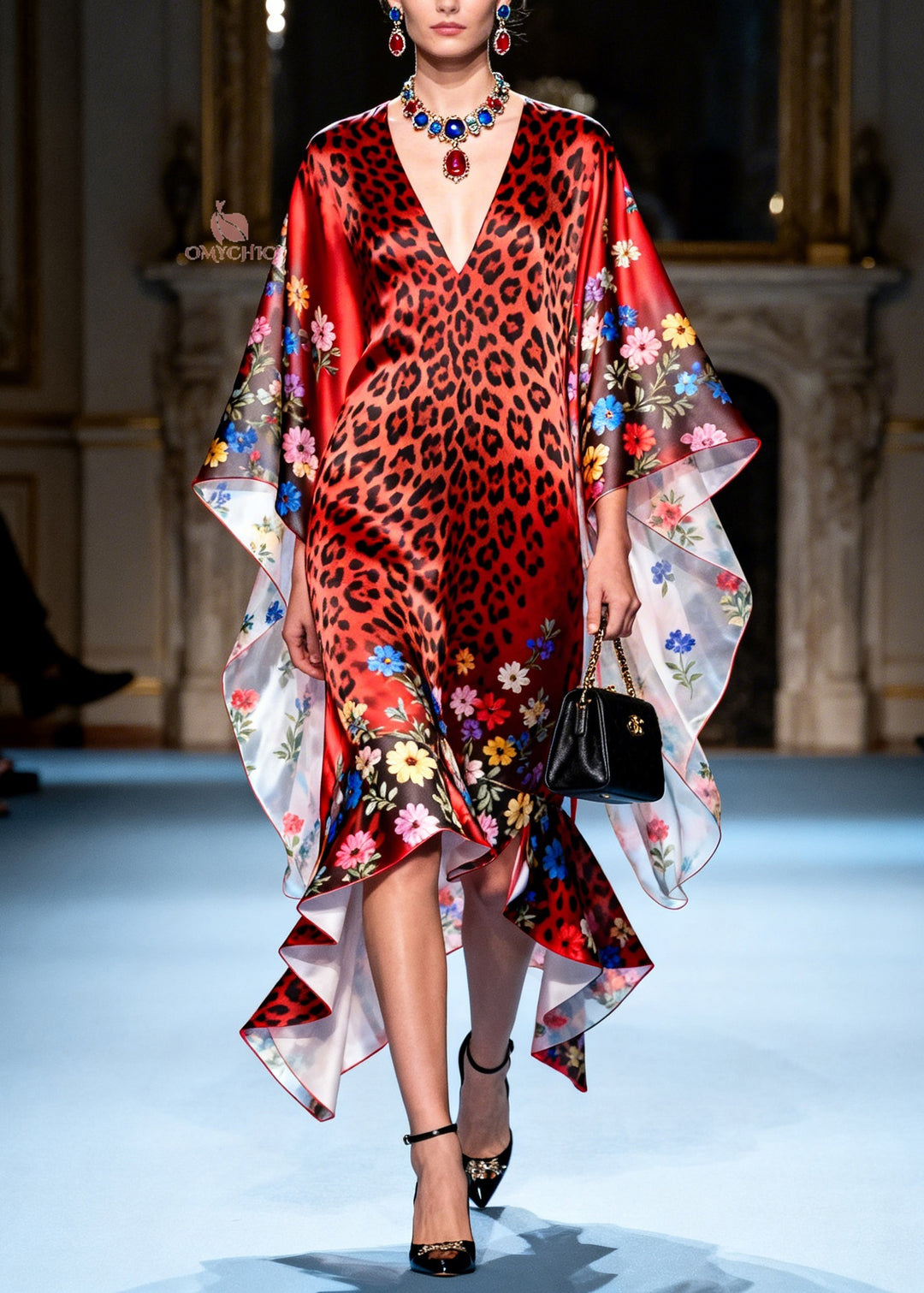 Art Red Ruffled Asymmetrical Design Patchwork Silk Dresses Summer