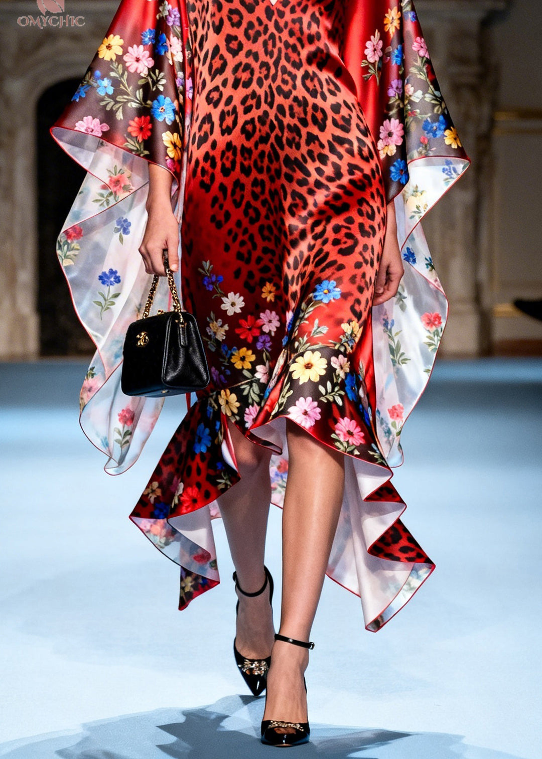 Art Red Ruffled Asymmetrical Design Patchwork Silk Dresses Summer