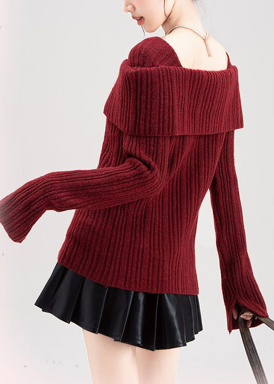 Art Red Square Collar Side Open Knit Cardigan Winter