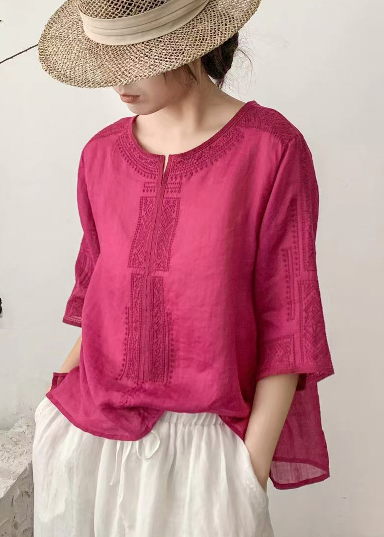 Art Rose Embroidered Linen Blouse Top Half Sleeve