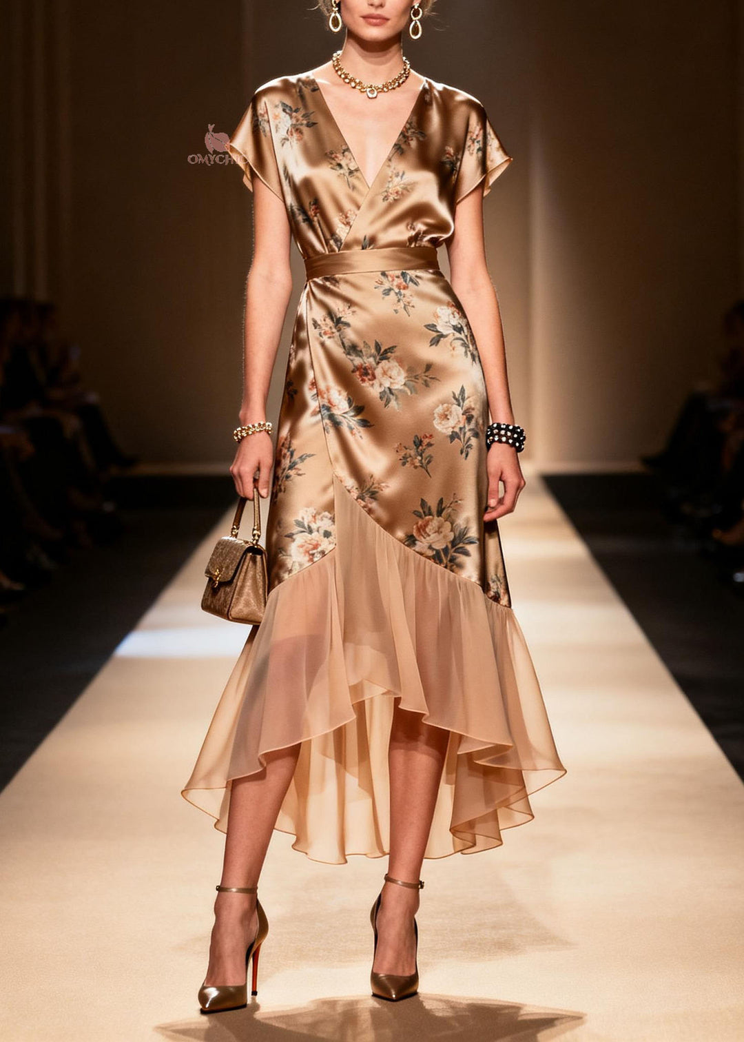 Art Ruffled Asymmetrical Print Patchwork Silk Dress Summer