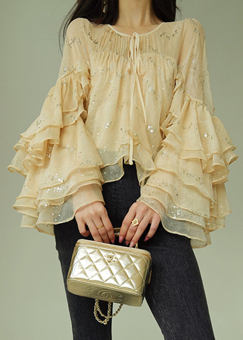 Art Sequins Wrinkled Lace Up Silk Shirt Flare Sleeve