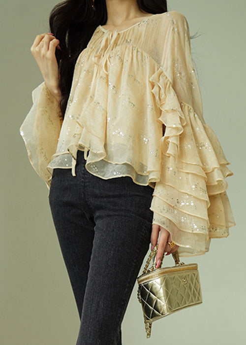 Art Sequins Wrinkled Lace Up Silk Shirt Flare Sleeve