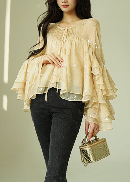 Art Sequins Wrinkled Lace Up Silk Shirt Flare Sleeve