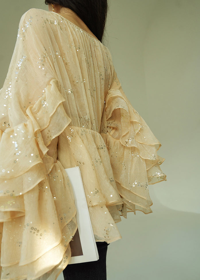 Art Sequins Wrinkled Lace Up Silk Shirt Flare Sleeve