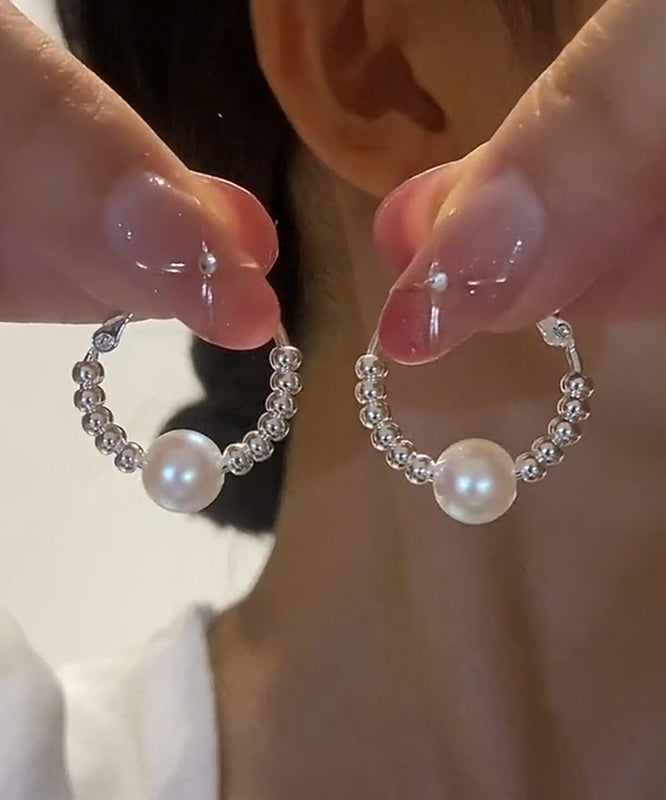 Art Silk Copper Pearl Broken Silver Hoop Earrings