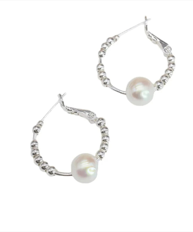 Art Silk Copper Pearl Broken Silver Hoop Earrings