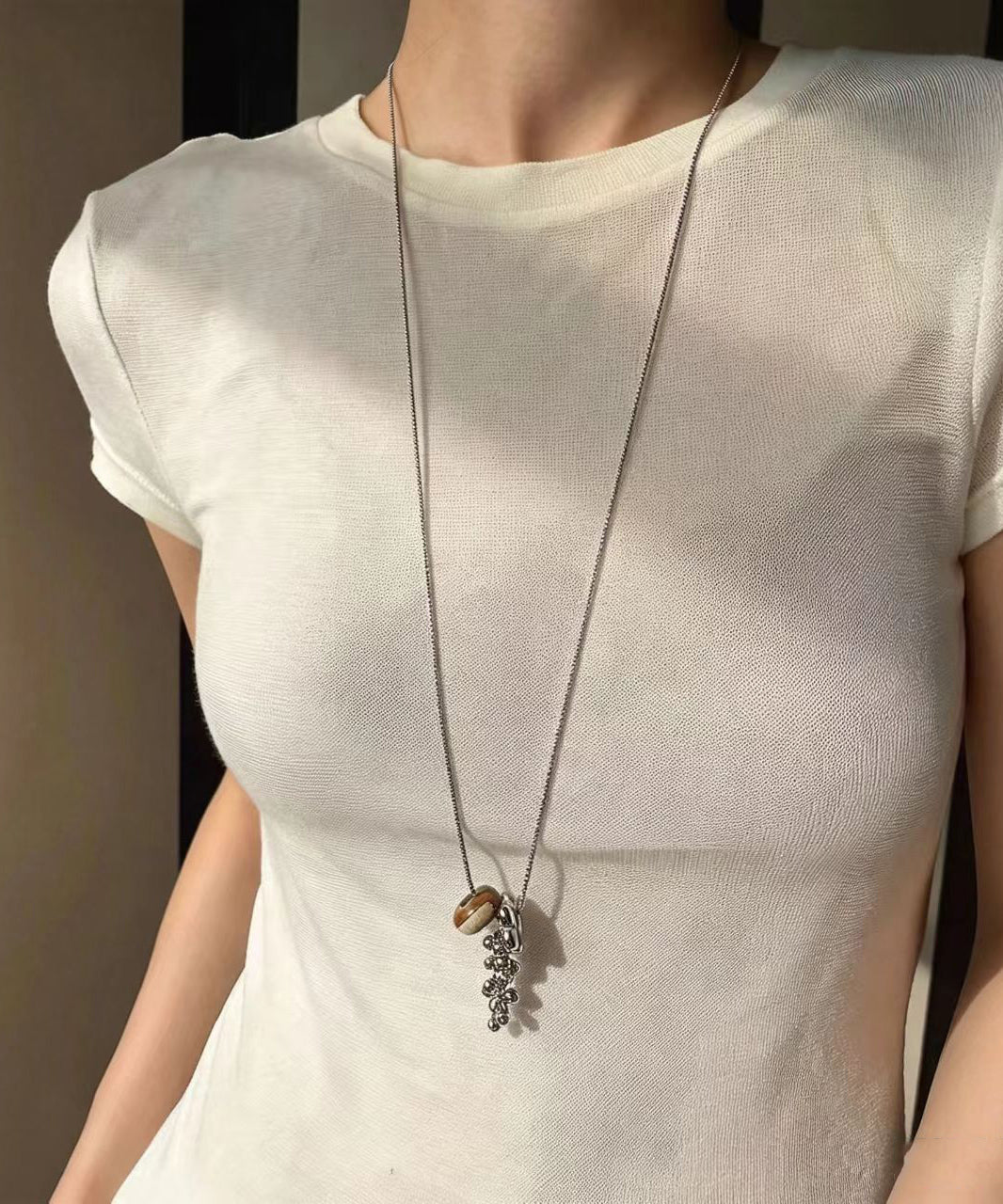 Art Silk Natural Stone Titanium Steel Lariat Necklace