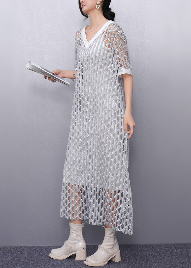 Art Silk V Neck Sheer Vacation Long Dresses Summer