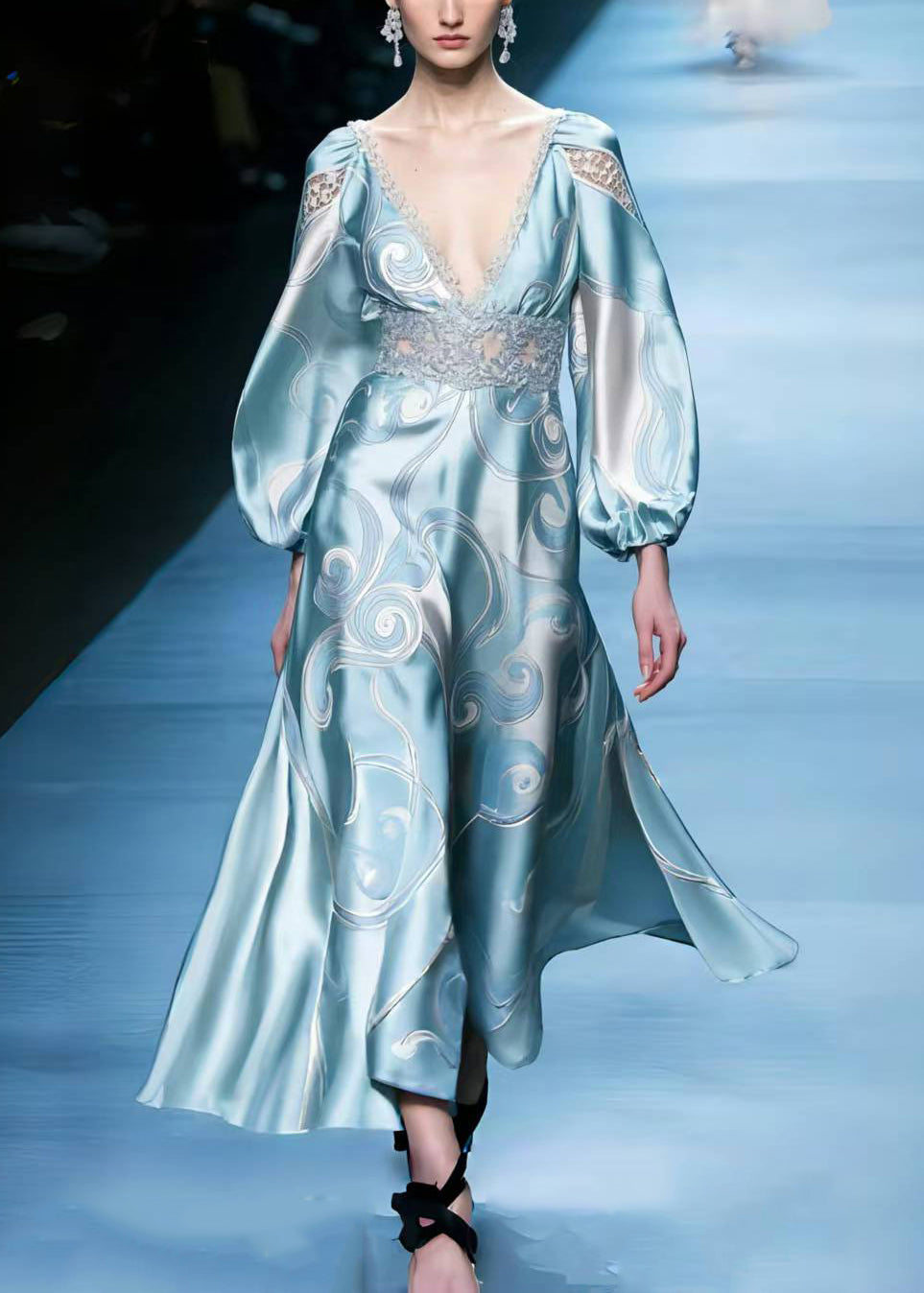 Art Sky Blue Print Patchwork Silm Fit Long Dresses Spring