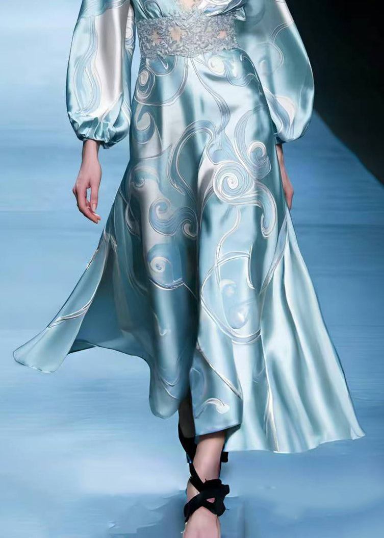 Art Sky Blue Print Patchwork Silm Fit Long Dresses Spring