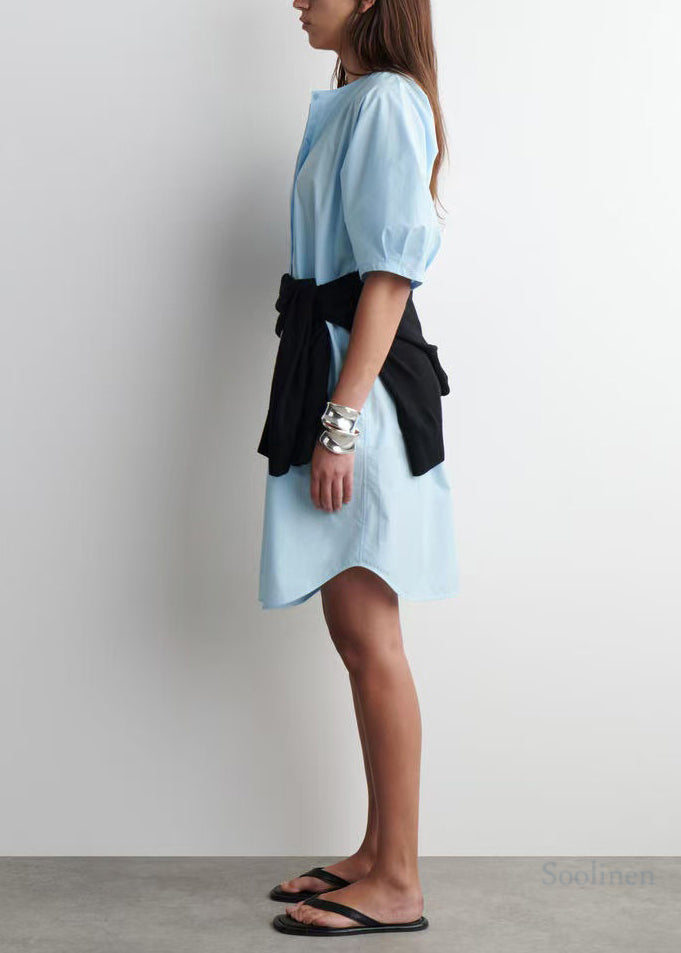 Art Sky Blue Puff Sleeve Cotton Work Dress Summer
