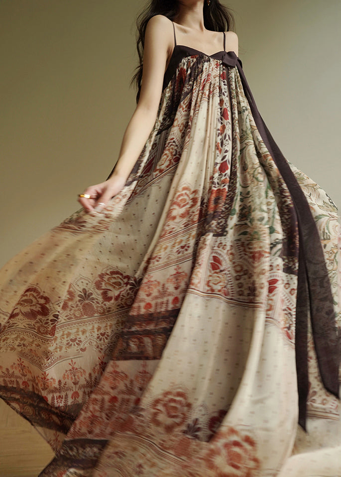 Art Slash Neck Patchwork Long Spaghetti Strap Dress Sleeveless