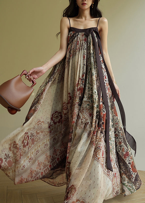 Art Slash Neck Patchwork Long Spaghetti Strap Dress Sleeveless