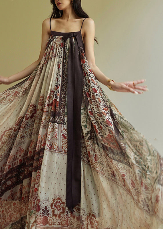 Art Slash Neck Patchwork Long Spaghetti Strap Dress Sleeveless