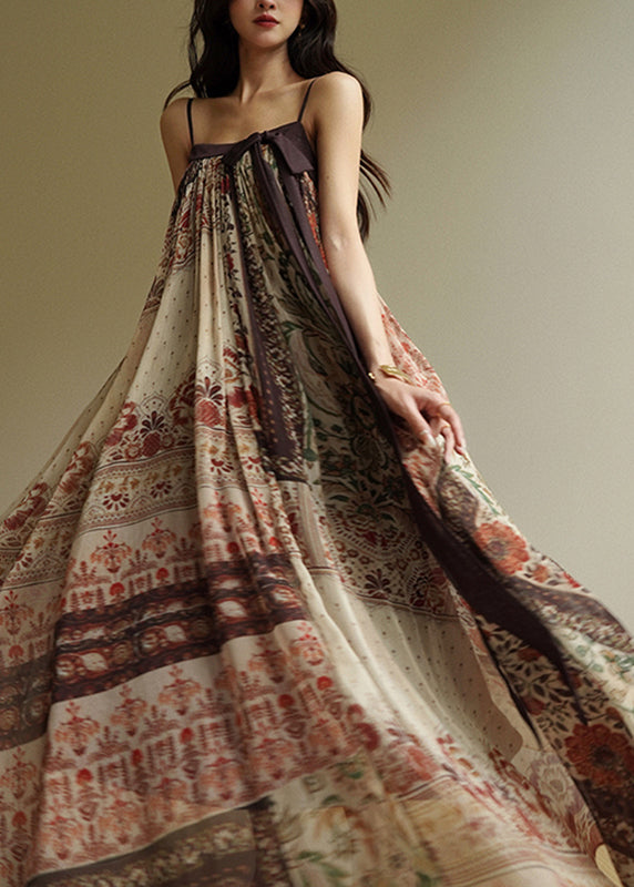 Art Slash Neck Patchwork Long Spaghetti Strap Dress Sleeveless