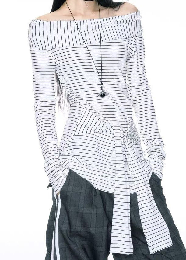 Art Slash Neck Striped Tie Waist Cotton T Shirts Summer