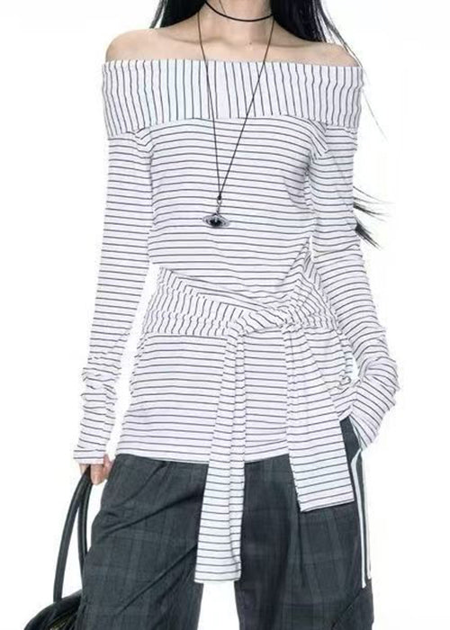 Art Slash Neck Striped Tie Waist Cotton T Shirts Summer