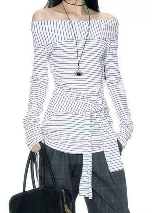 Art Slash Neck Striped Tie Waist Cotton T Shirts Summer