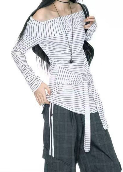 Art Slash Neck Striped Tie Waist Cotton T Shirts Summer